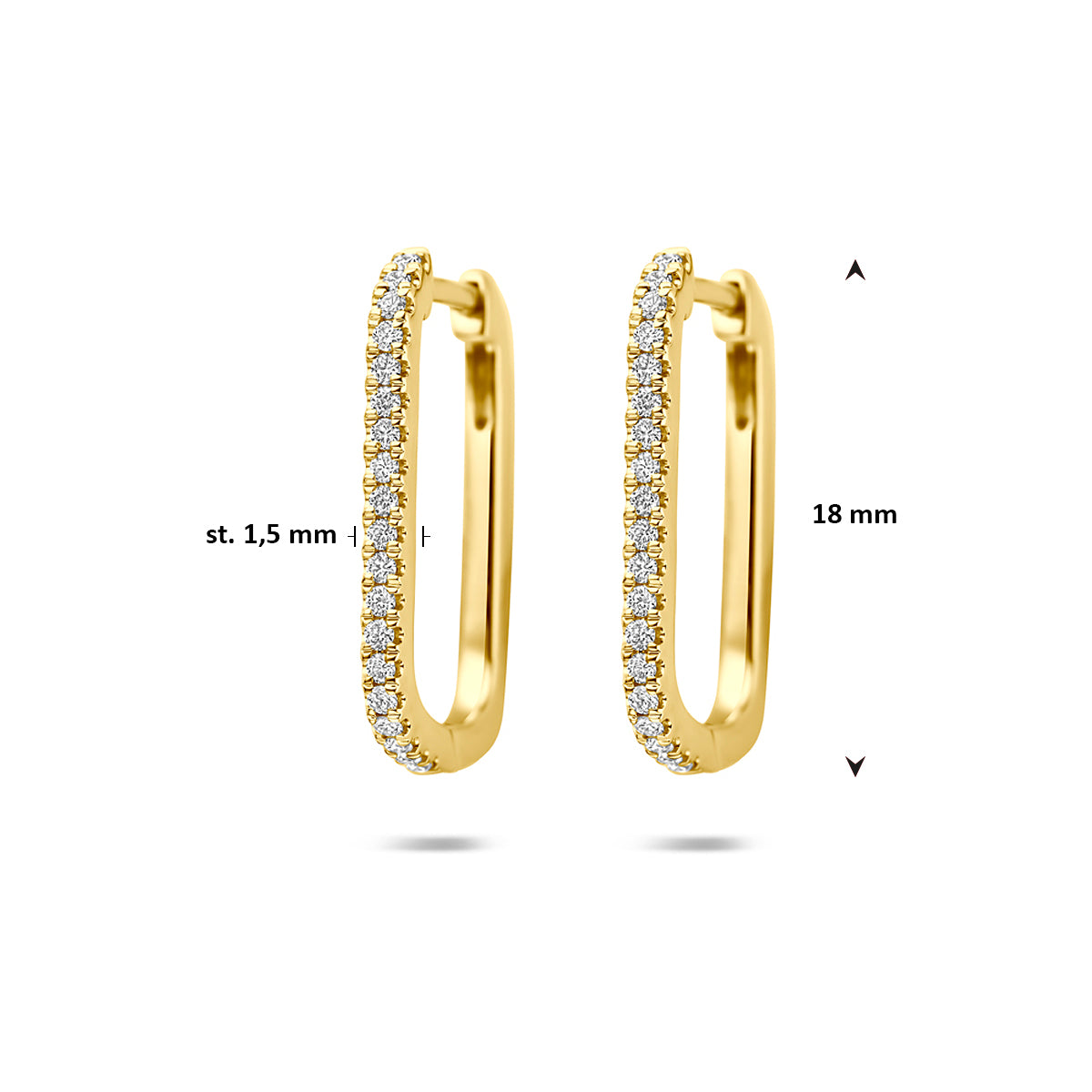 Technisch overzicht van de gouden lab grown diamant klapoorringen, 18 x 11,5 mm