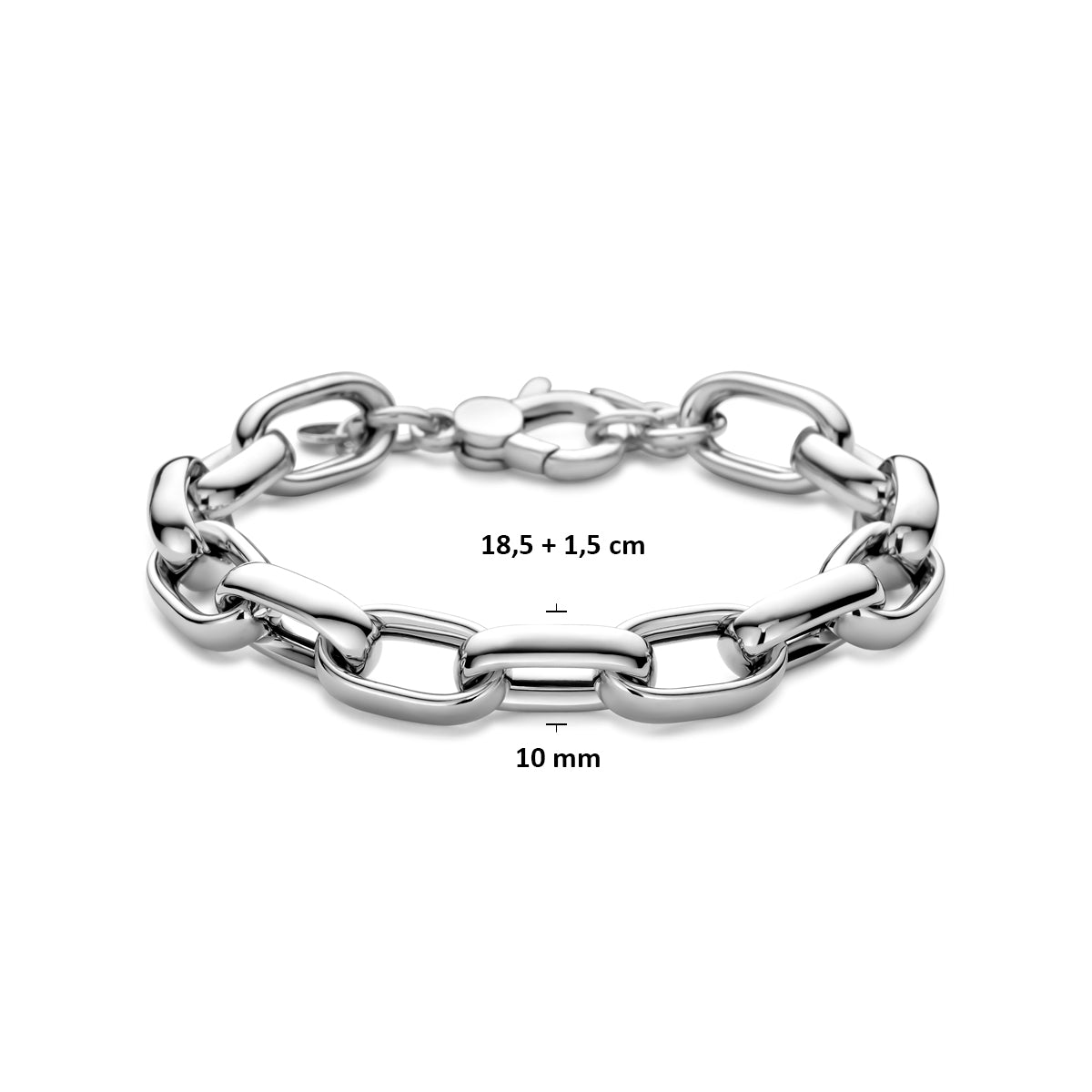 Technisch overzicht van de zilveren ankerarmband 10 mm, verstelbaar 18,5 tot 20 cm