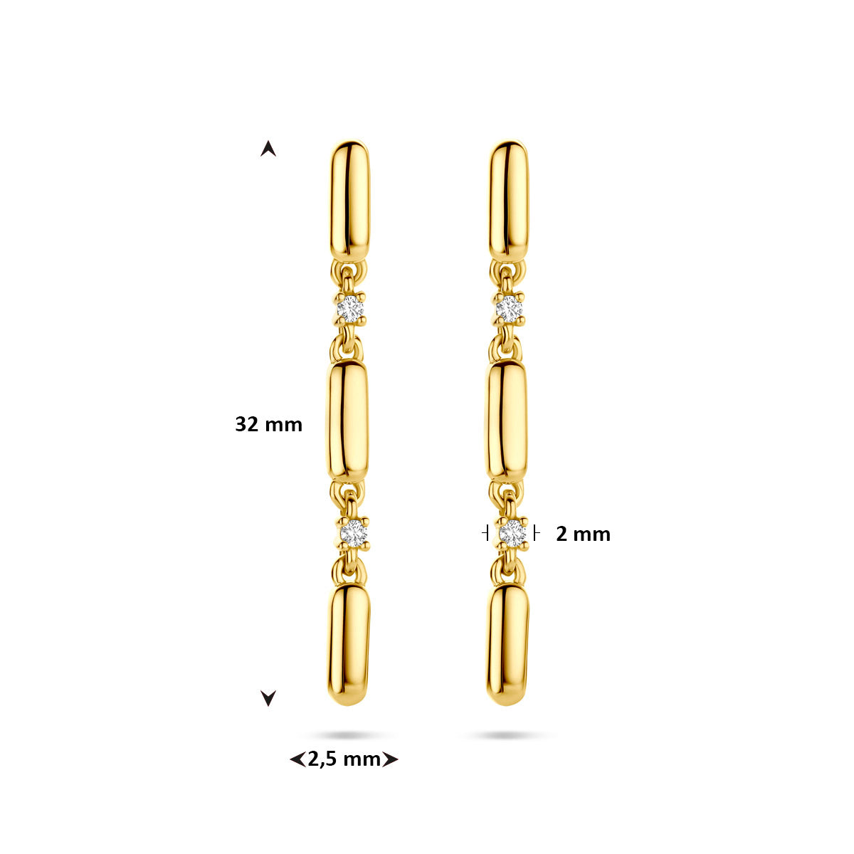Technisch overzicht van de gouden diamant oorhangers, 32 x 2,5 mm