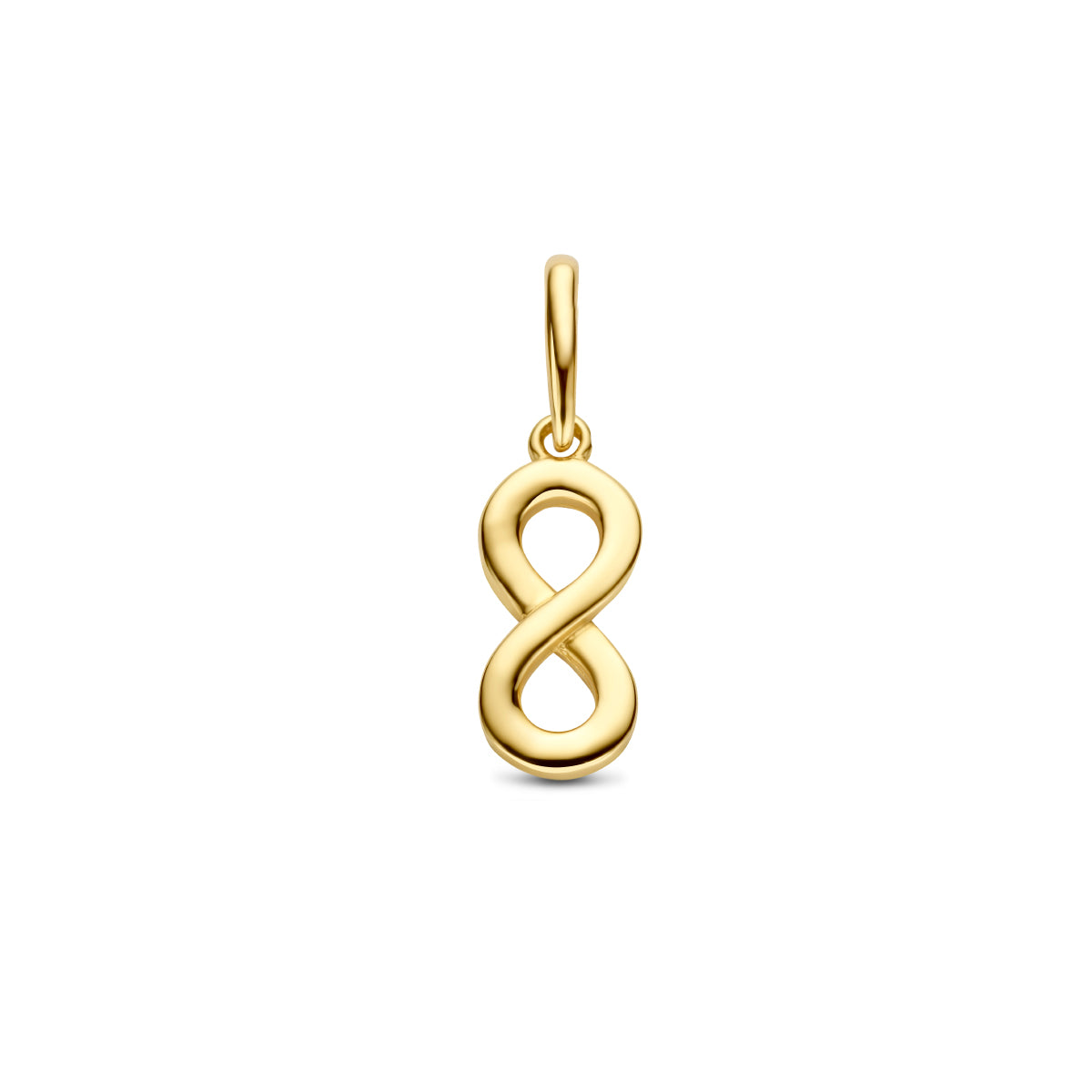 Vooraanzicht van de 9 karaat geelkleurige infinity hanger