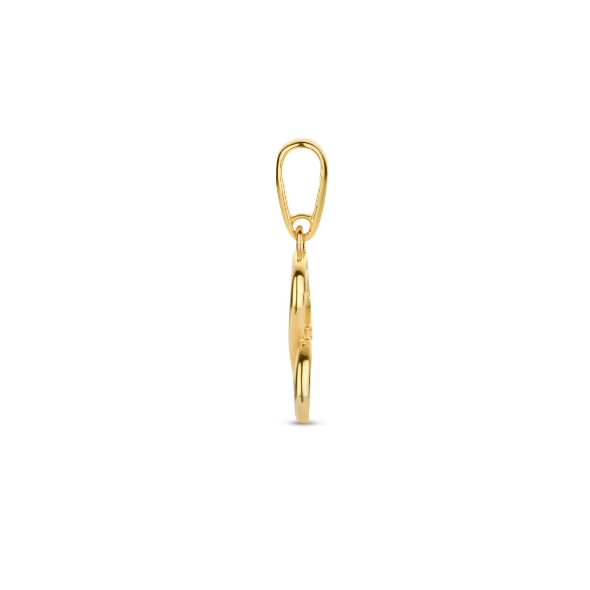 Zijaanzicht van de 9 karaat geelkleurige infinity hanger