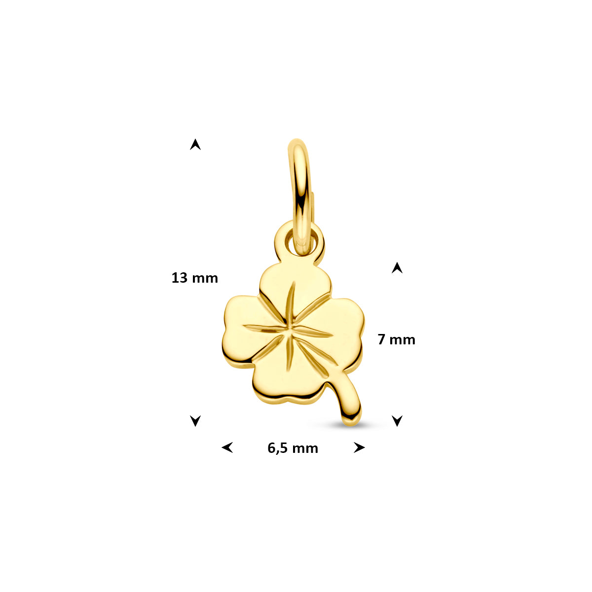 Afmetingen van de 9 karaat geelkleurige klavertje hanger (klavertje vier hanger), 7 mm: 13 mm hoog inclusief oog