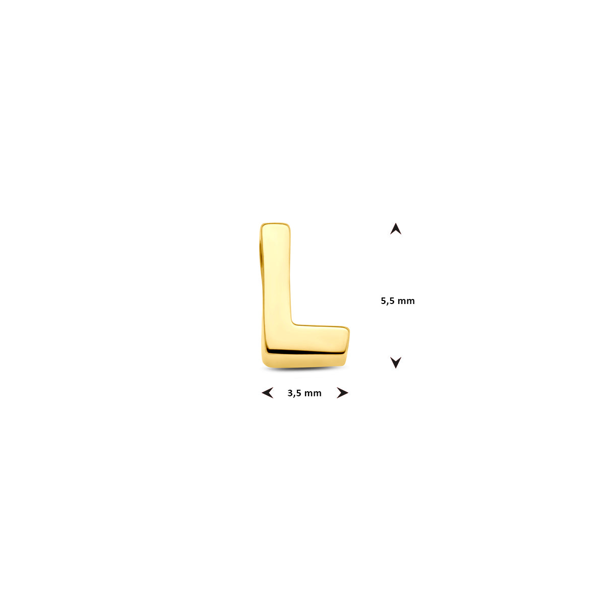 Afmetingen van de 9 karaat geelkleurige letterhanger, letter L: 5,5 mm hoog
