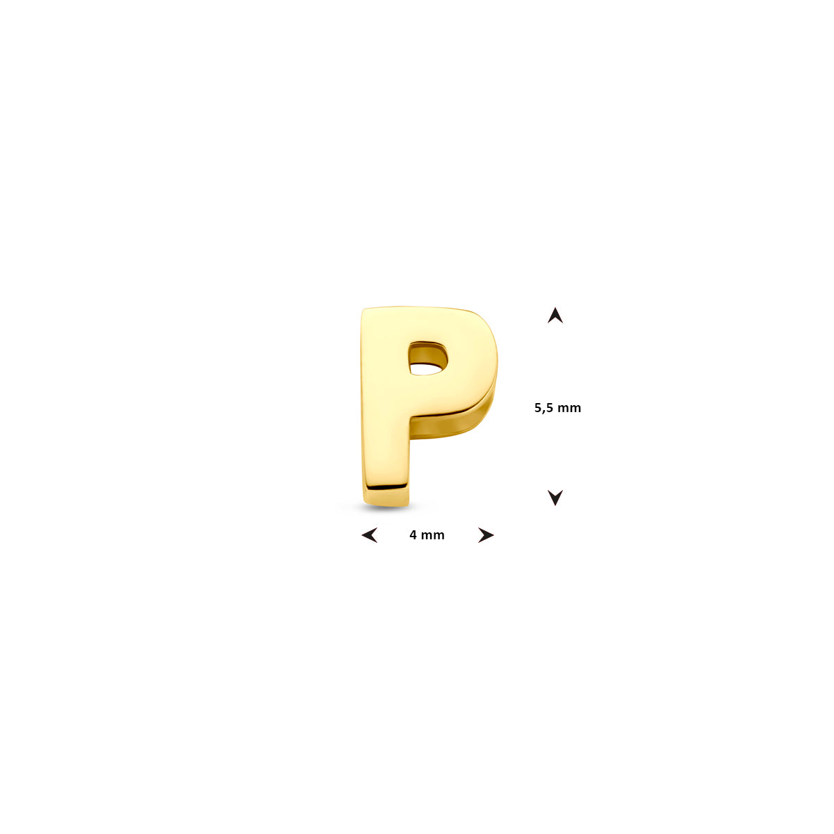 Afmetingen van de 9 karaat geelkleurige letterhanger, letter P: 5,5 mm hoog