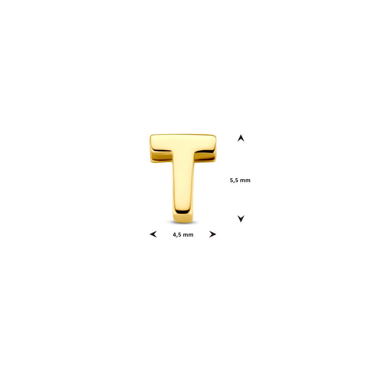 Afmetingen van de 9 karaat geelkleurige letterhanger, letter T: 5,5 mm hoog