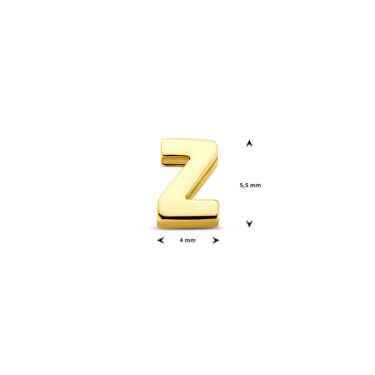 Afmetingen van de 9 karaat geelkleurige letterhanger, letter Z: 5,5 mm hoog