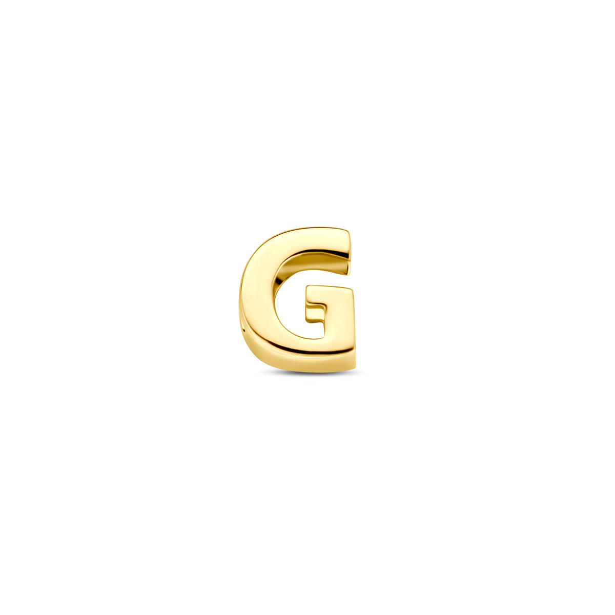Vooraanzicht van de 9 karaat geelkleurige letterhanger, letter G