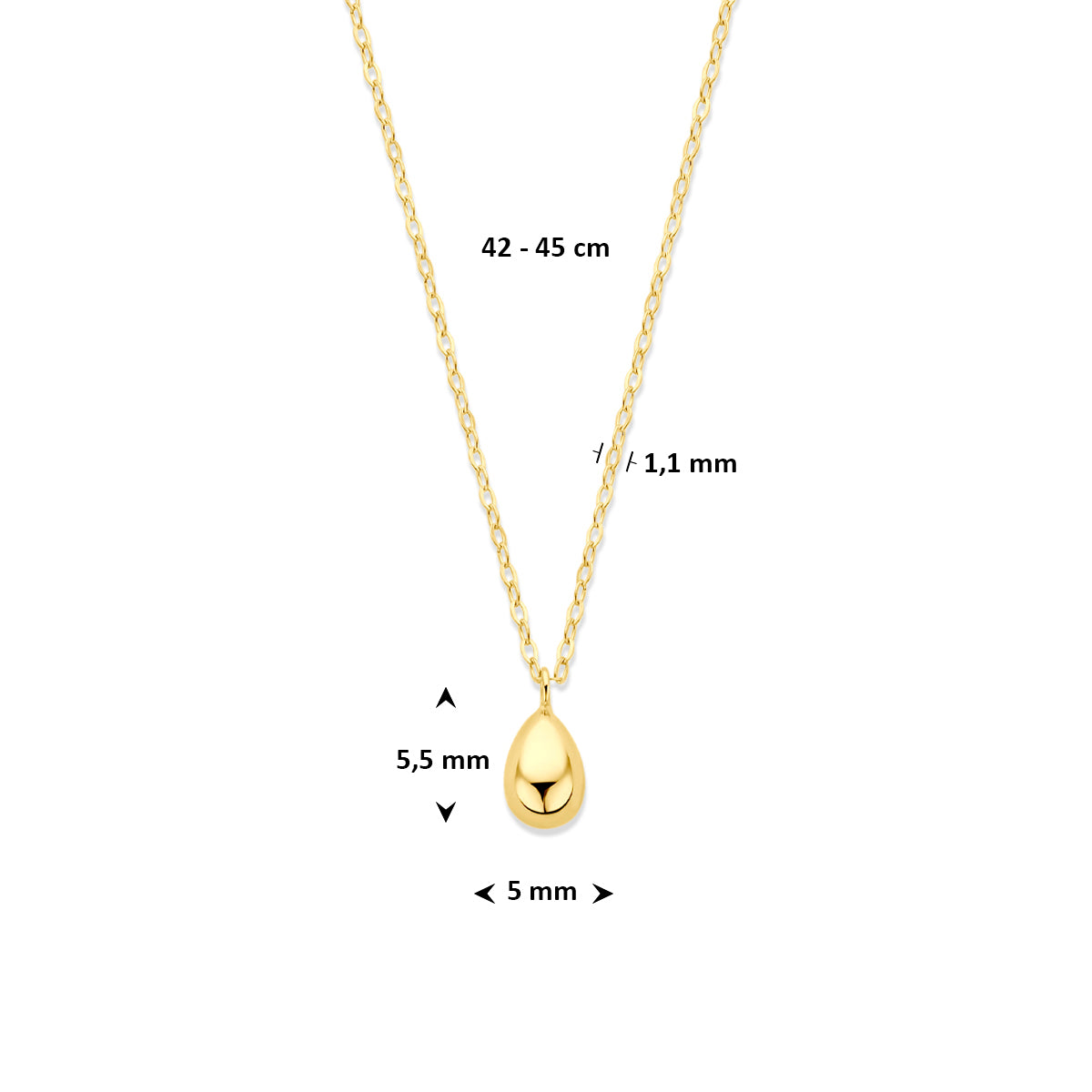 Afmetingen van de 9 karaat geelkleurige ketting met druppel: 42 of 45 cm lang, schakel 1,1 mm