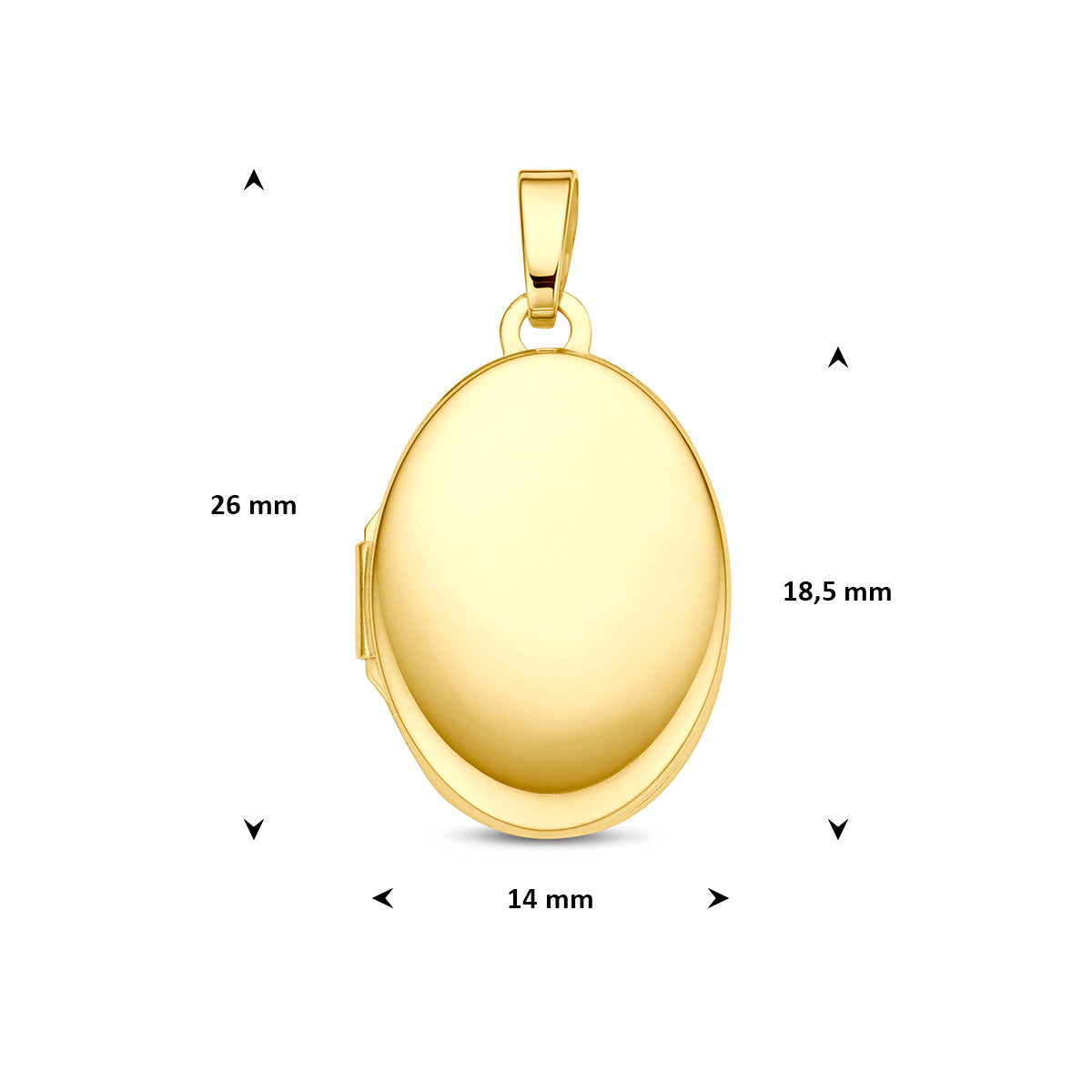 Medaillon ketting: afmetingen van het 9 karaat geelkleurig ovaal medaillon, 26,0 mm hoog inclusief oog en 14,0 mm breed.