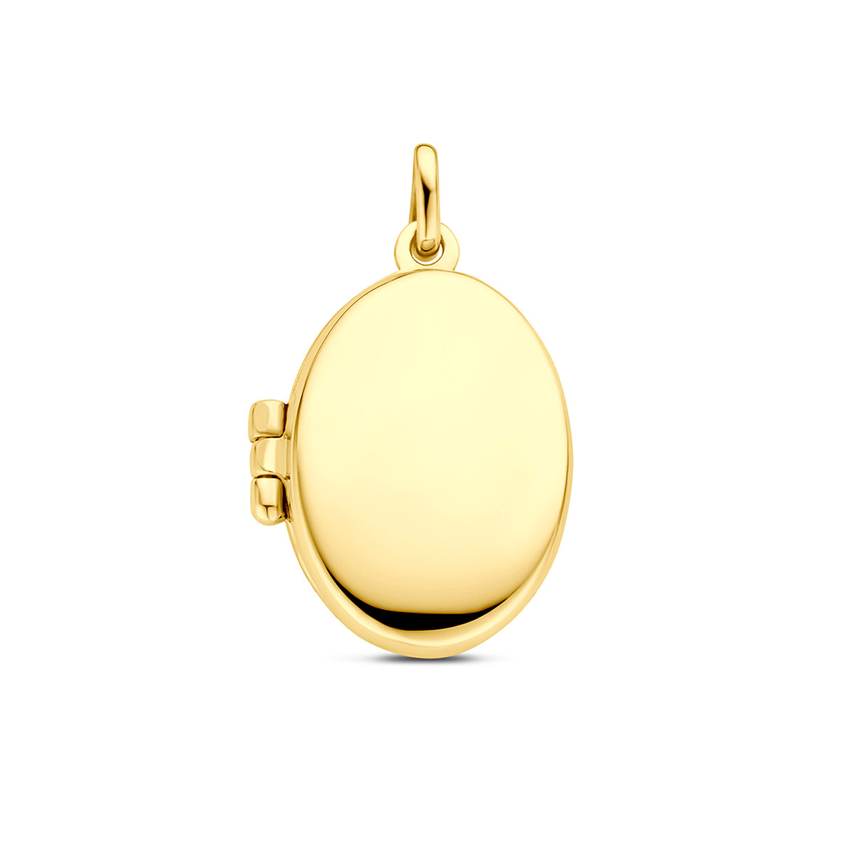 Vooraanzicht van de 9 karaat geelkleurig ovaal medaillon, 22 mm hoog en 13,5 mm breed.