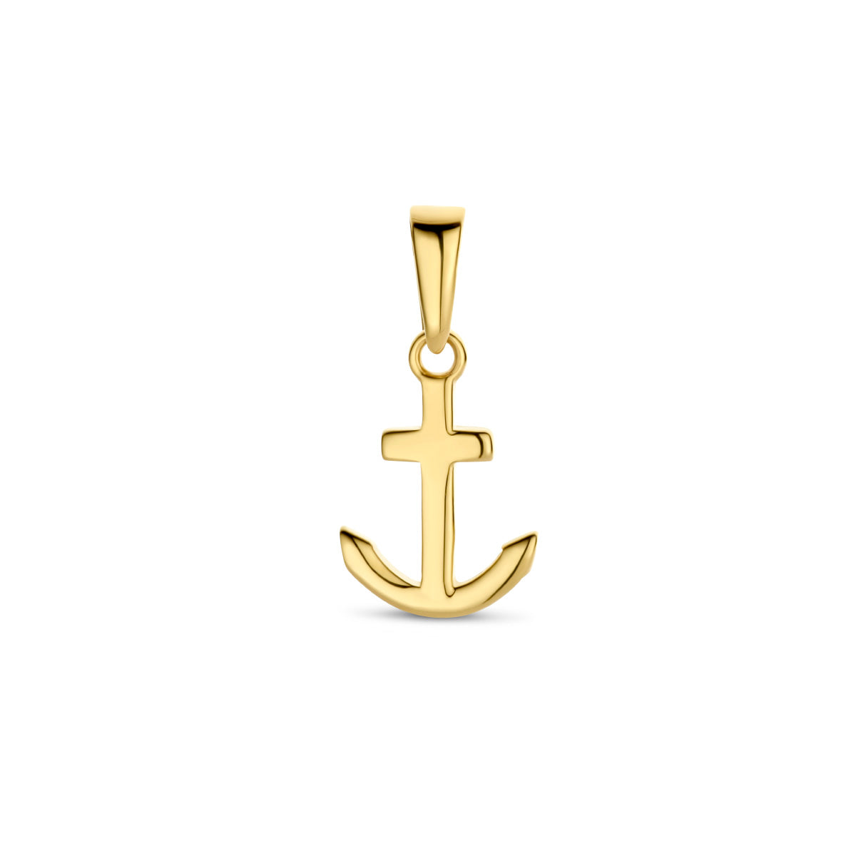 Vooraanzicht van de geelkleurige anker hanger van 9 karaat.