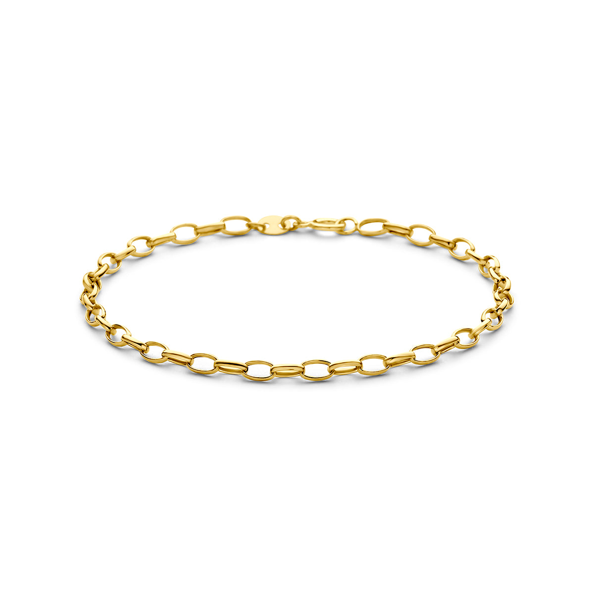 9 karaat armband: vooraanzicht van de 9 karaat geelkleurige ankerarmband, lengte 17 cm.