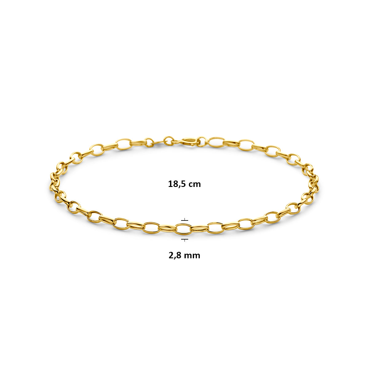 9 karaat armband: afmetingen van de 9 karaat geelkleurige ankerarmband, lengte 18,5 cm, schakel van 2,8 mm breed.
