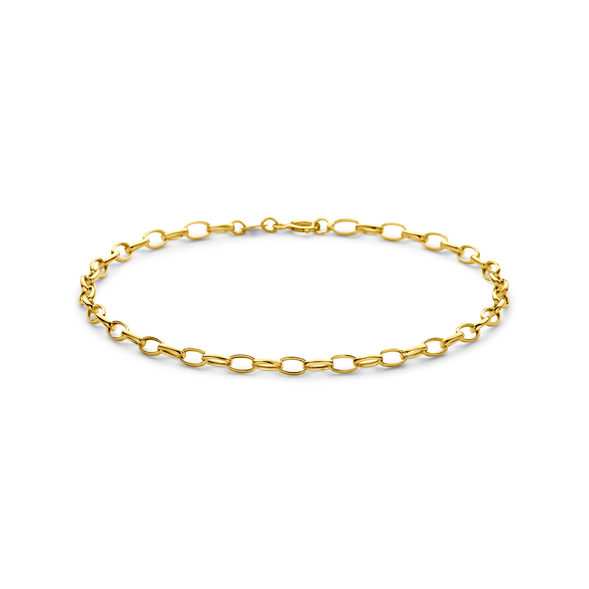 9 karaat armband: vooraanzicht van de 9 karaat geelkleurige ankerarmband, lengte 18,5 cm.