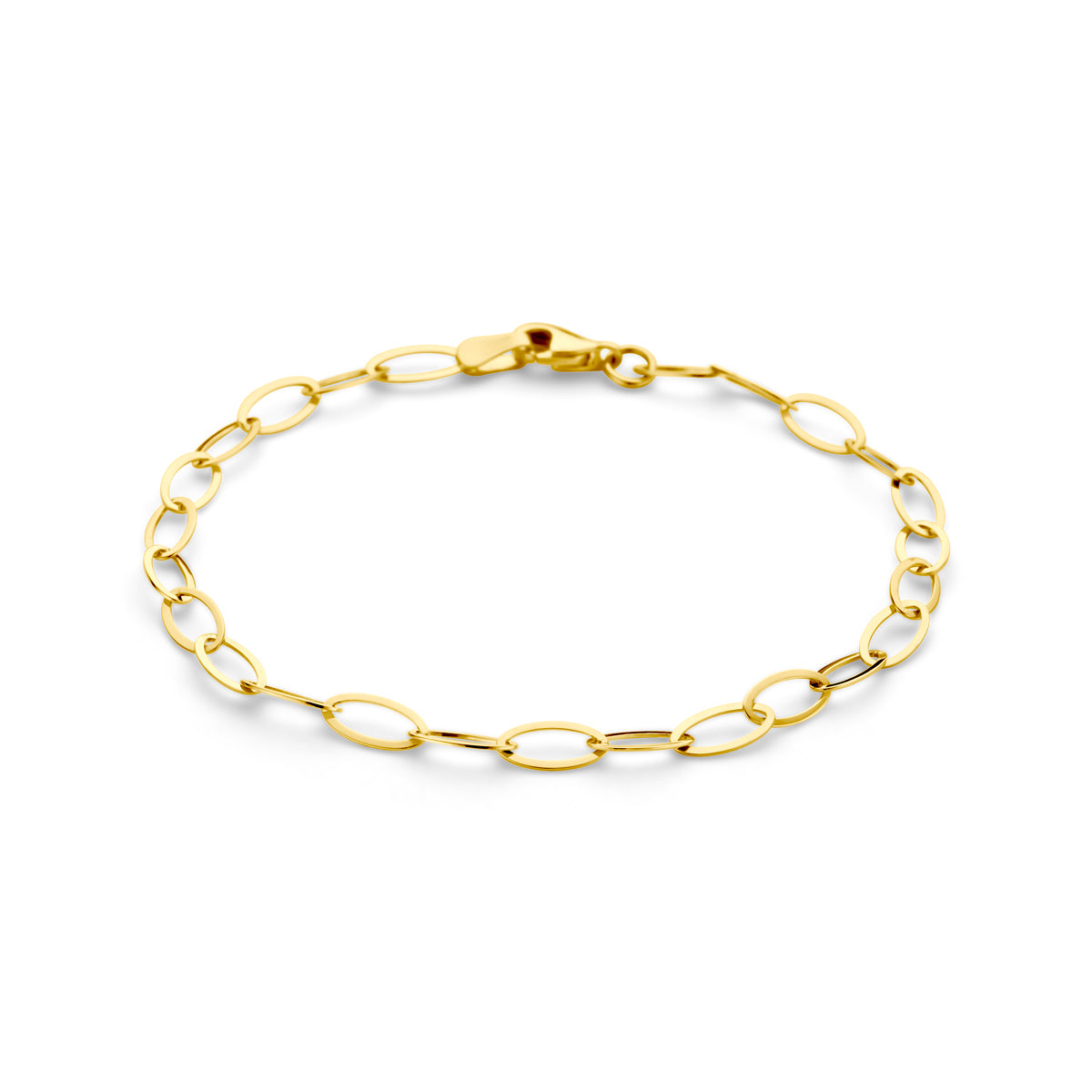 Vooraanzicht van de geelkleurige ankerarmband van 9 karaat.
