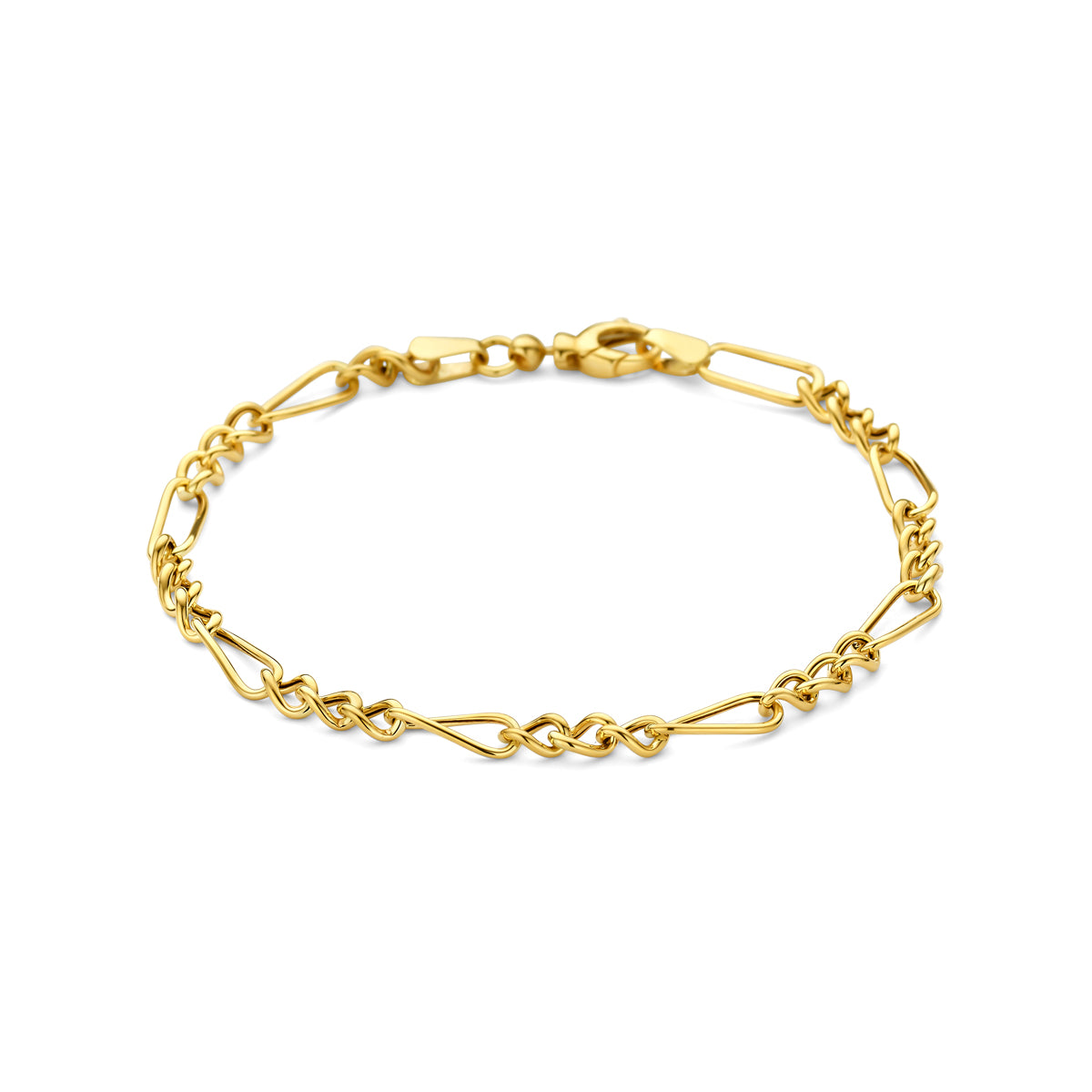Vooraanzicht van de 9 karaat geelkleurige ankerarmband, 18,5 cm lang en 4 mm breed.
