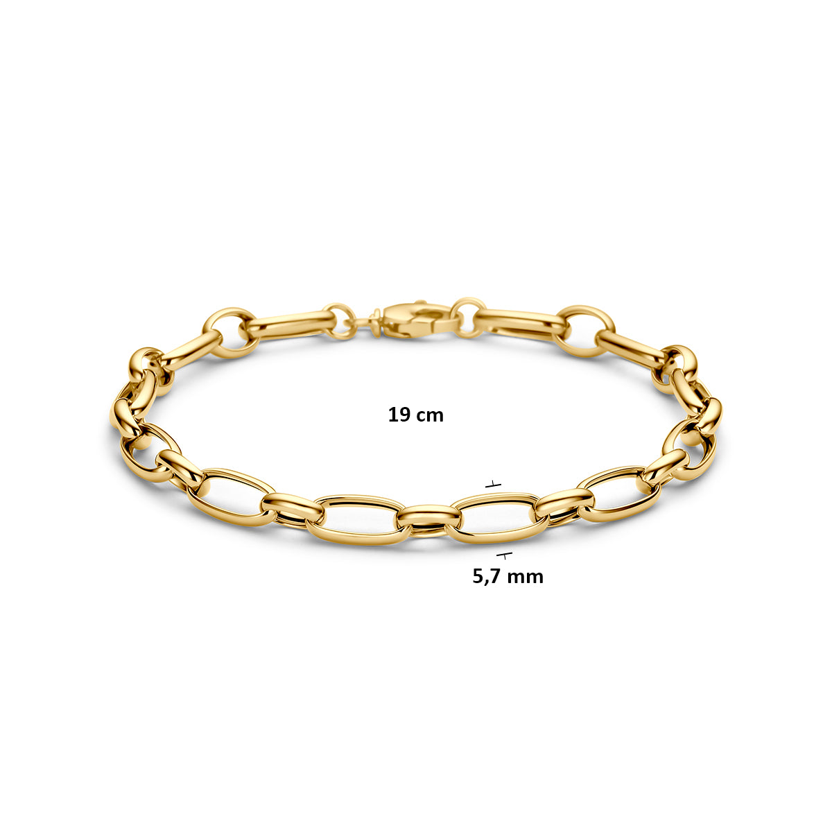 9 karaat armband: afmetingen van de 9 karaat geelkleurige ankerarmband, schakel van 5,7 mm breed en lengte 19 cm.