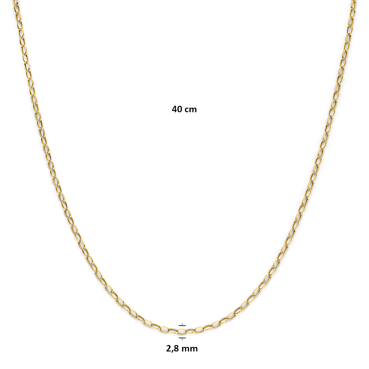 9 karaat ketting: afmetingen van de 9 karaat geelkleurige ankerketting, lengte 40 cm, schakel van 2,8 mm breed.