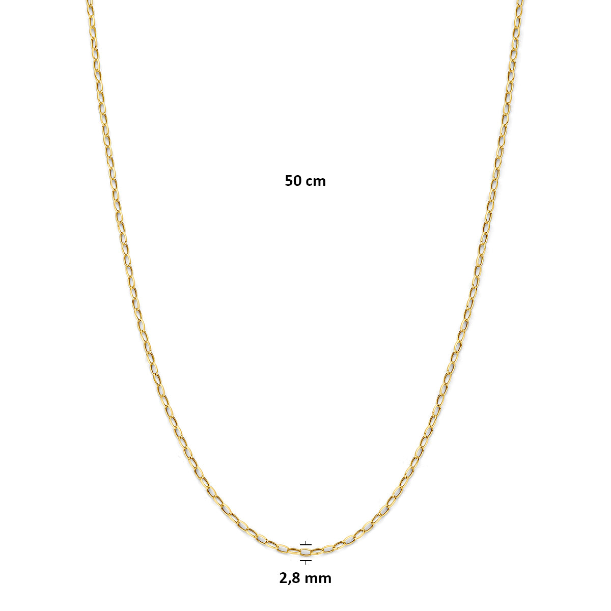 9 karaat ketting: afmetingen van de 9 karaat geelkleurige ankerketting, lengte 50 cm, schakel van 2,8 mm breed.