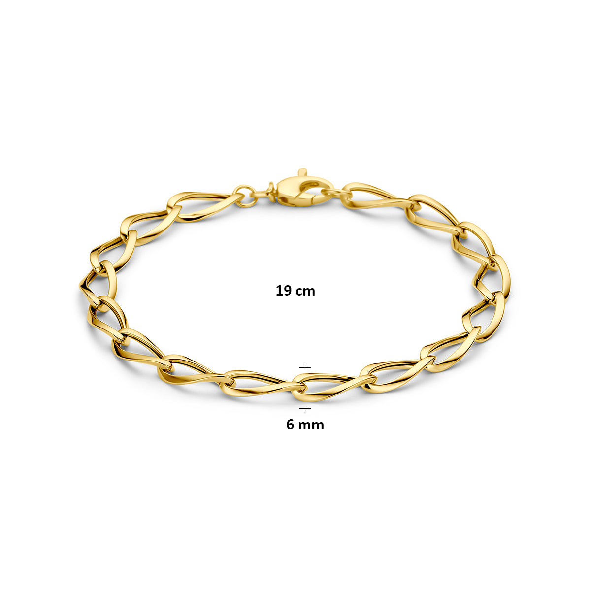 9 karaat armband: afmetingen van de 9 karaat geelkleurige armband met gedraaide schakels, schakel van 6,0 mm breed en lengte 19 cm.
