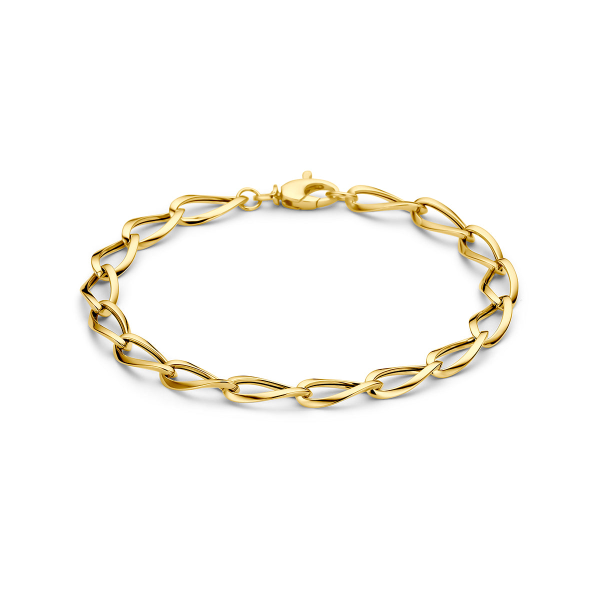 9 karaat armband: vooraanzicht van de 9 karaat geelkleurige armband met gedraaide schakels.
