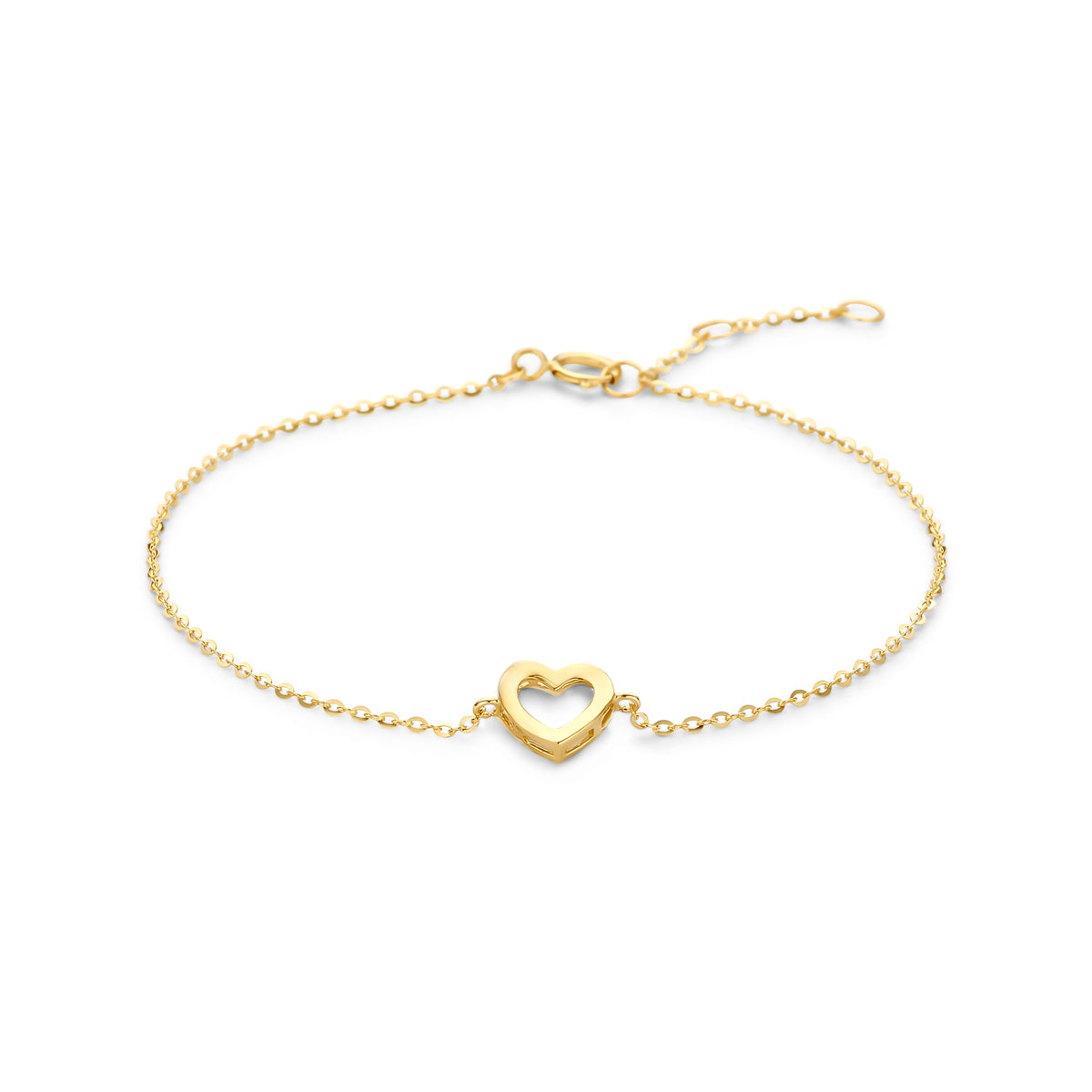 Vooraanzicht van de 9 karaat geelkleurige armband met open hartje, 6,5 mm hoog en 7 mm breed.