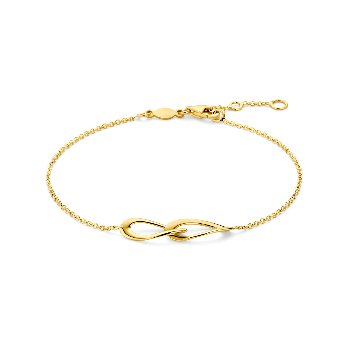 Vooraanzicht van de geelkleurige armband met open ovalen van 9 karaat.