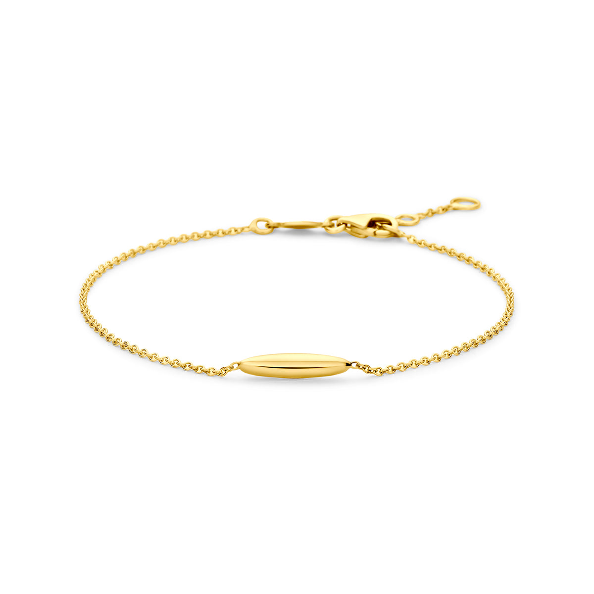 Vooraanzicht van de 9 karaat geelkleurige armband met staafje, verstelbaar van 16,5 tot 18,5 cm lang.