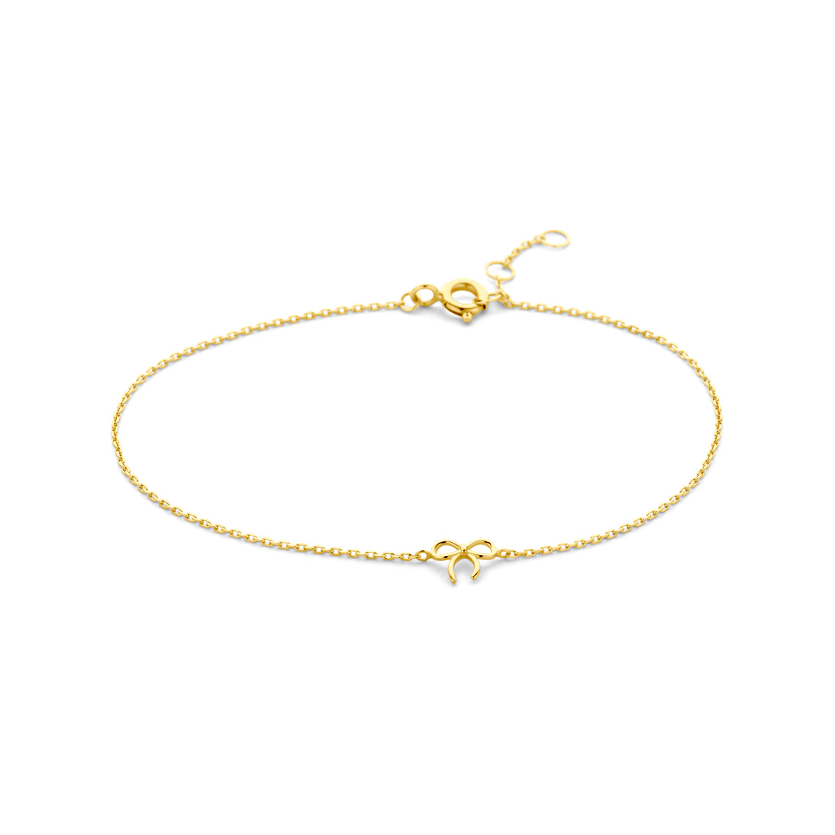 Vooraanzicht van de geelkleurige armband met strik van 9 karaat.