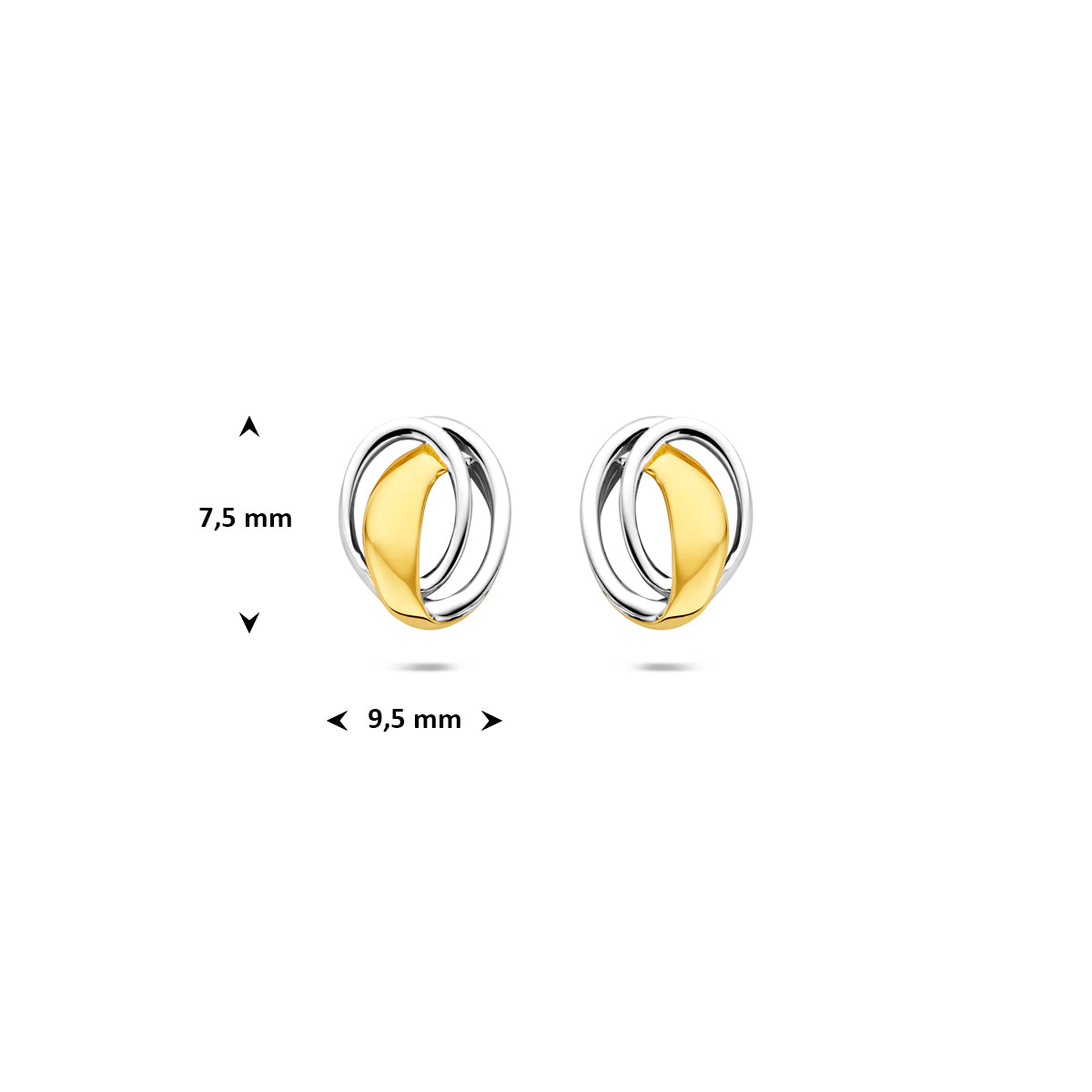 Technische afbeelding van de 9 karaat geelkleurige bicolor oorknopjes met afmetingen, 7,5 mm hoog en 9,5 mm breed.