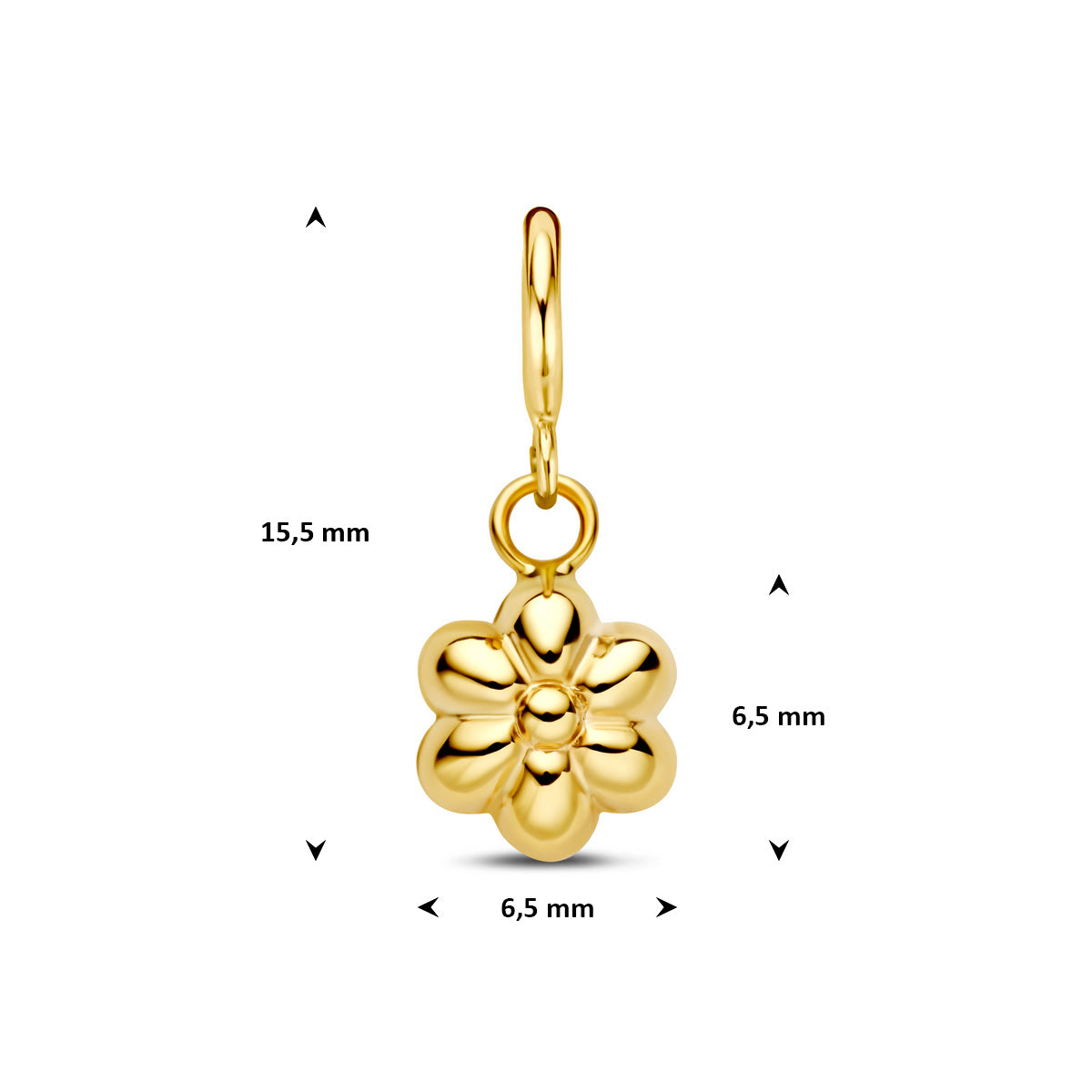 Bedel bloem: afmetingen van de 9 karaat geelkleurige bloem slotbedel, 15,5 mm hoog inclusief oog en 6,5 mm breed.