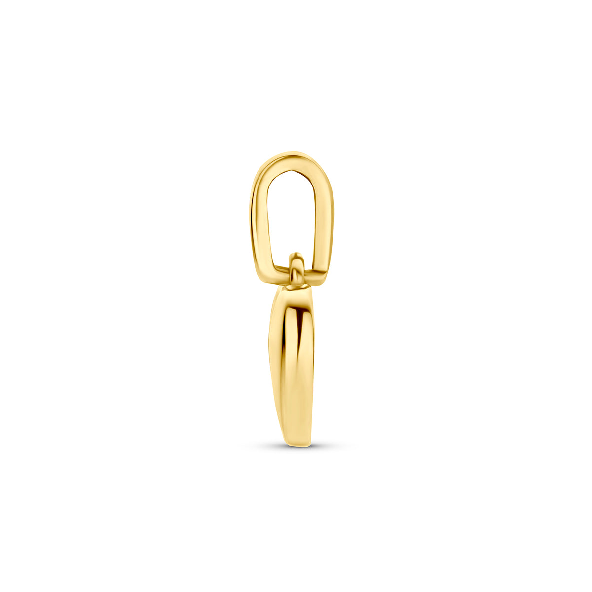 Hartje hanger: zijaanzicht van de 9 karaat geelkleurige bol hartje hanger.