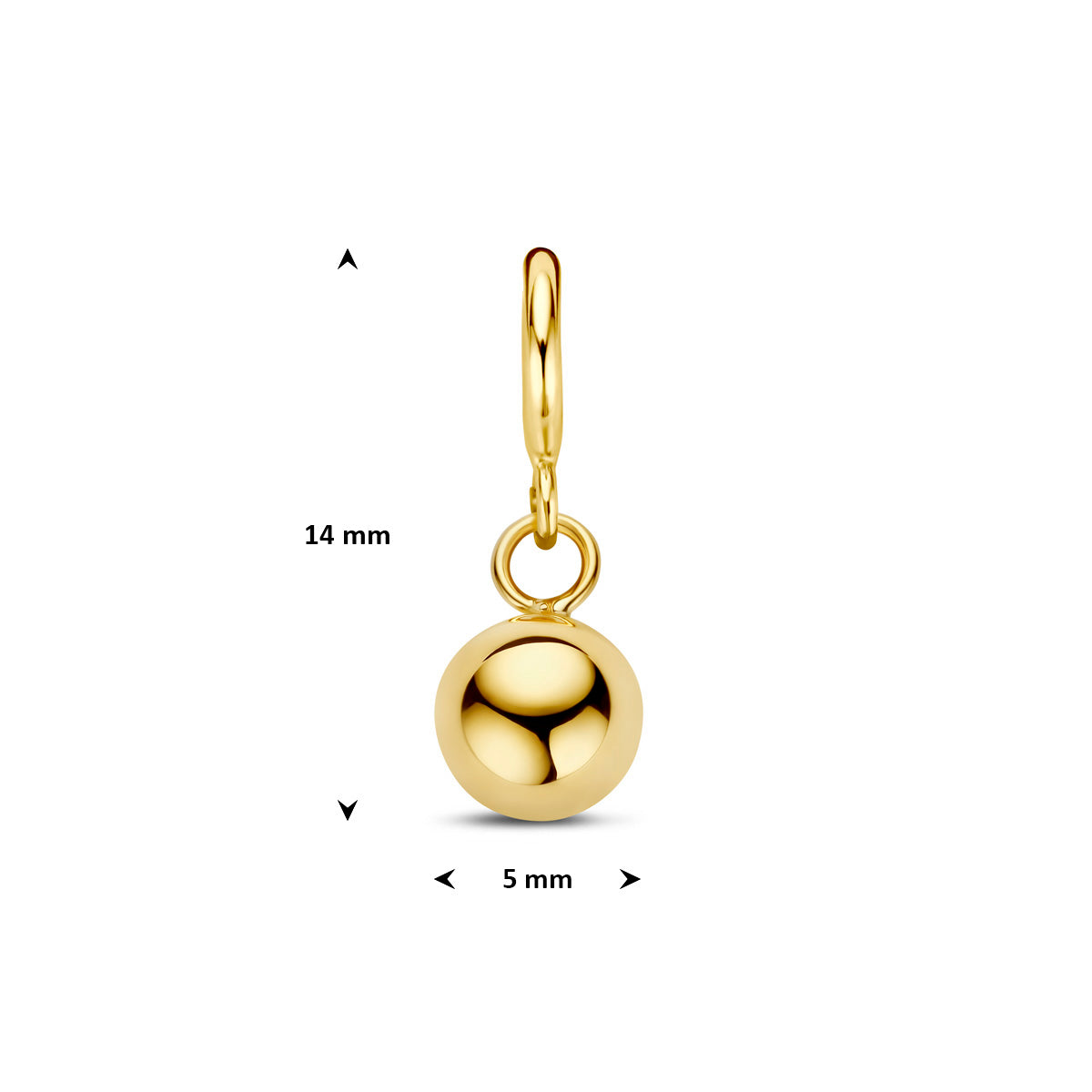 Bedel: afmetingen van de 9 karaat geelkleurige bolletje slotbedel, 14,0 mm hoog inclusief oog en 5,0 mm doorsnee.