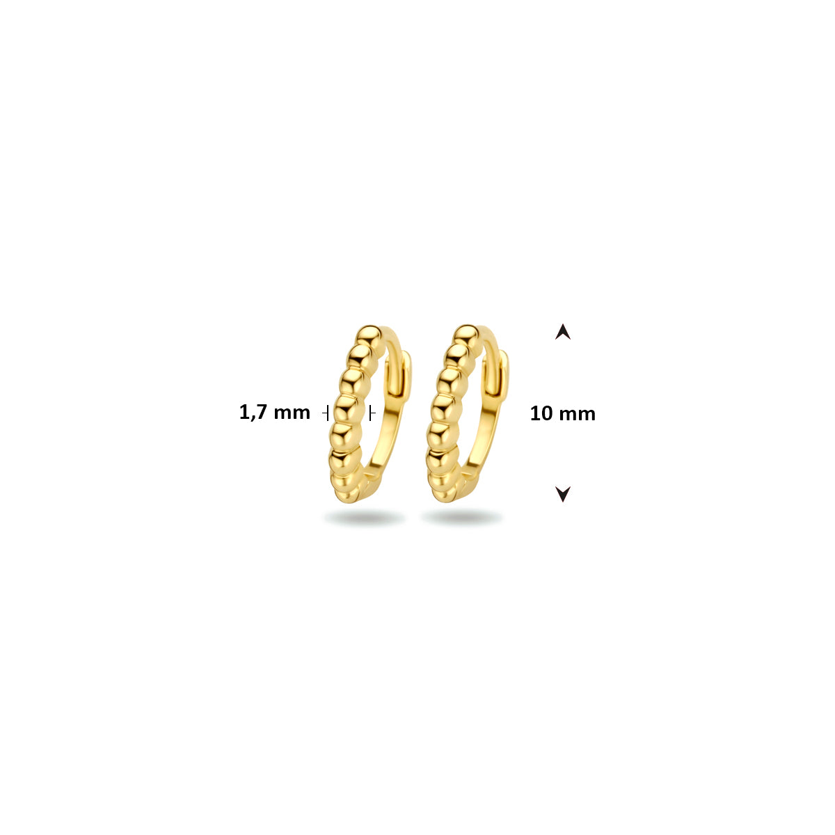 Afmetingen van de geelkleurige 9 karaat bolletjes klapoorringen: 10 mm doorsnede en 1,7 mm dik.