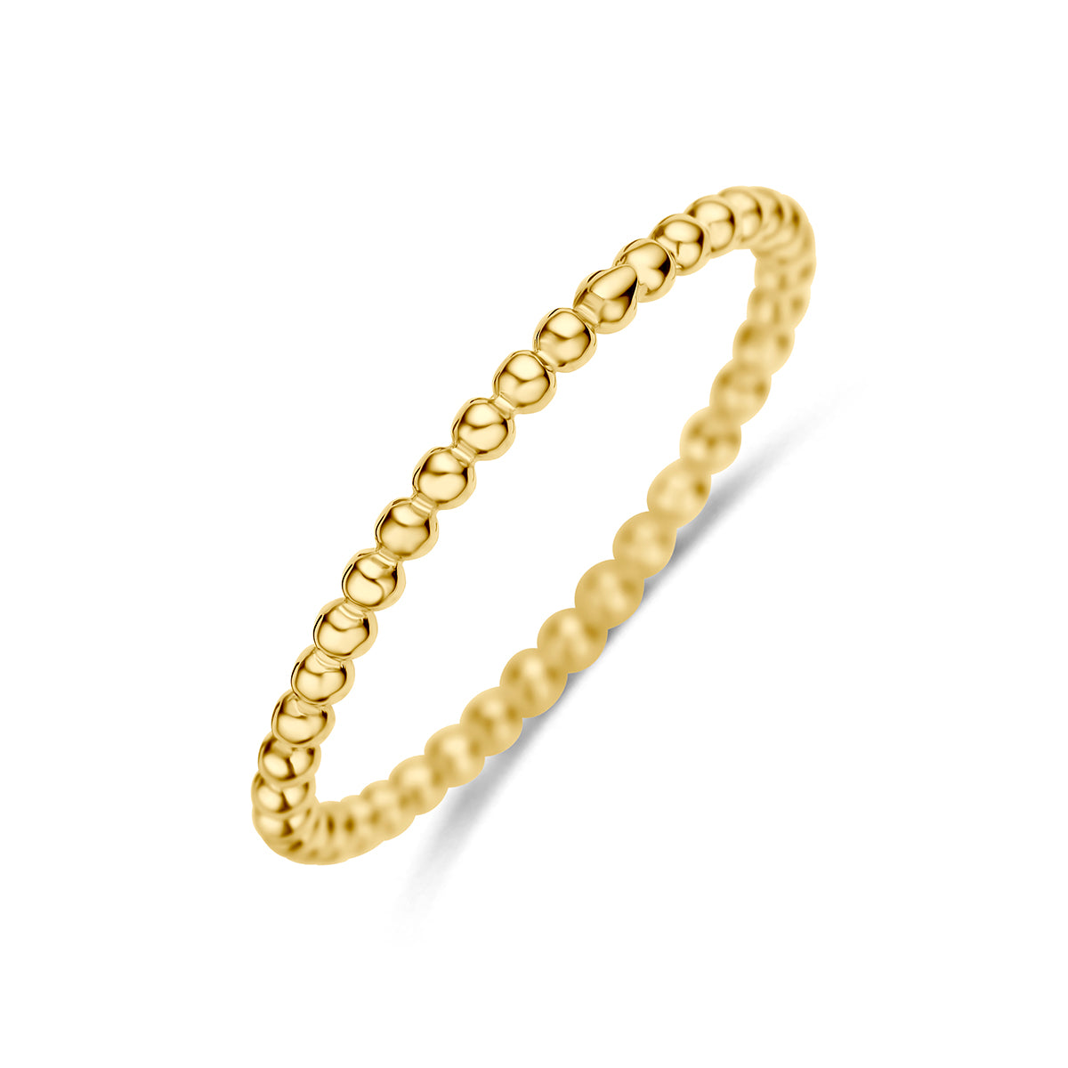 Schuin bovenaanzicht van de 9 karaat geelkleurige bolletjes ring, 1,5 mm breed.