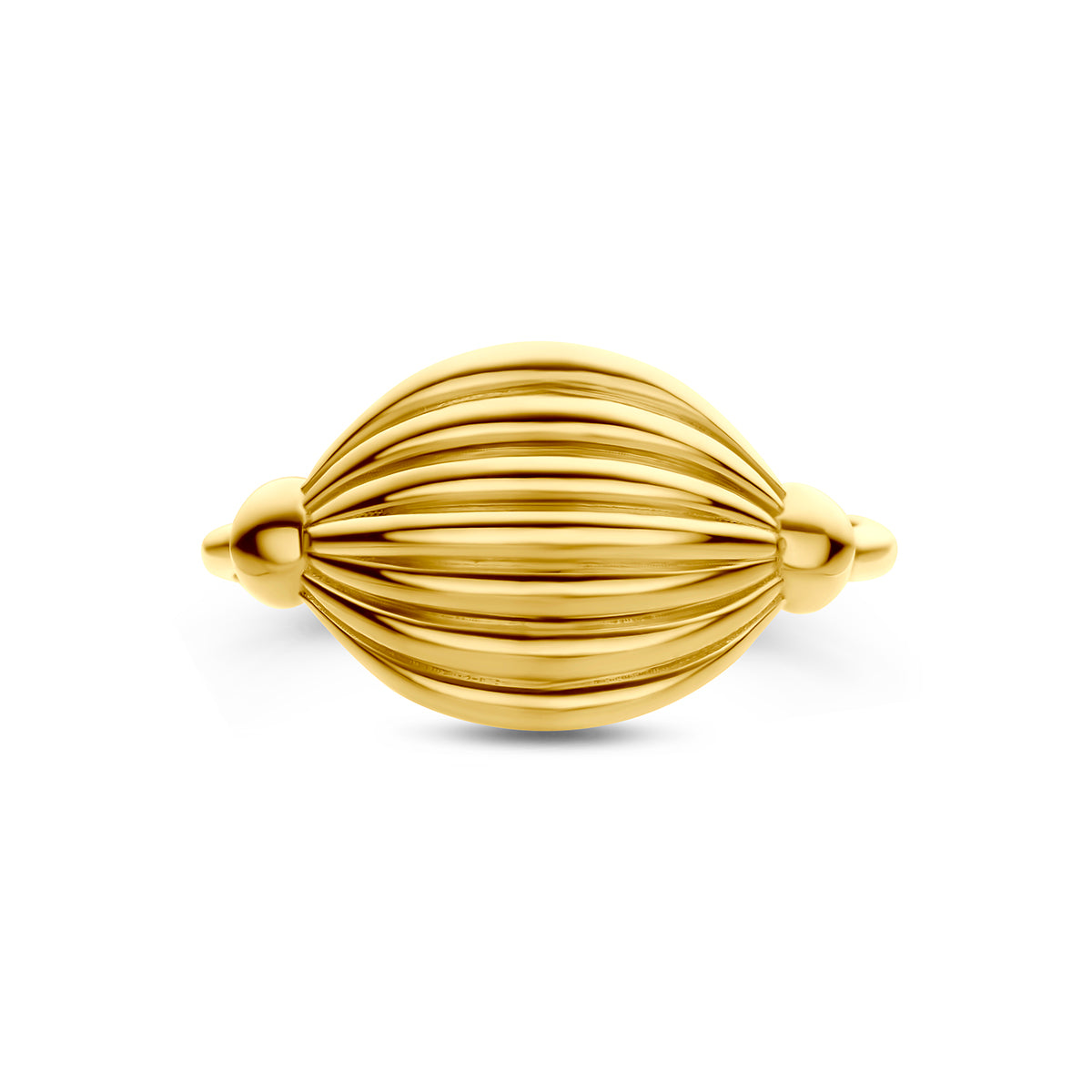 9 karaat ring: bovenaanzicht van de 9 karaat geelkleurige brede geribbelde ring.