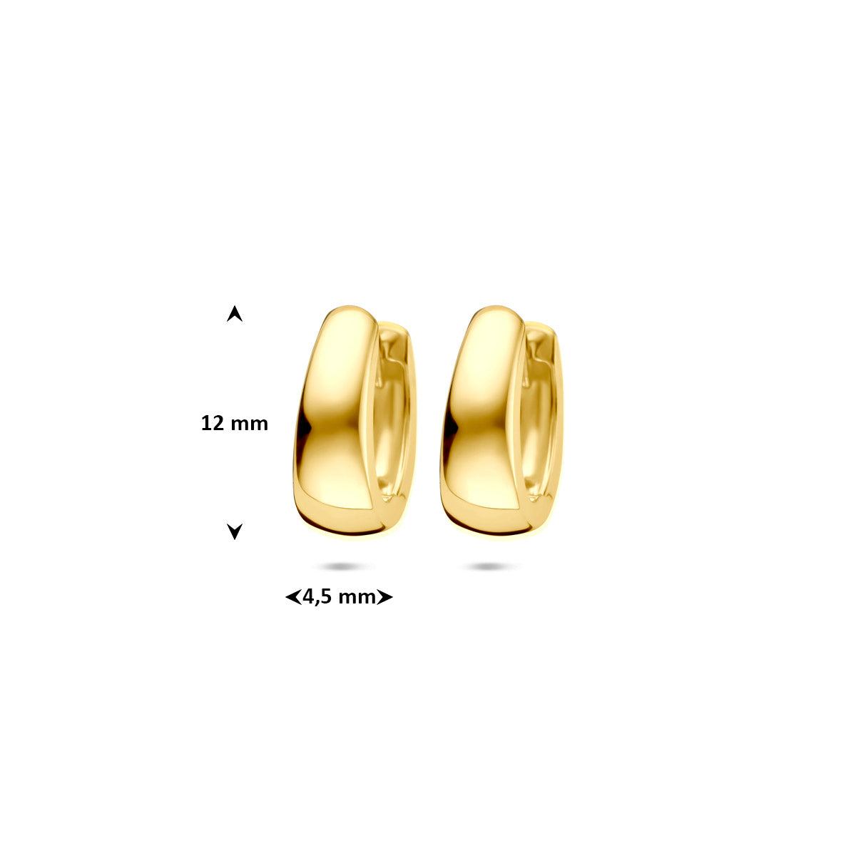 Afmetingen van de geelkleurige brede klapoorringen van 9 karaat: 12 mm doorsnee en 4,5 mm breed.