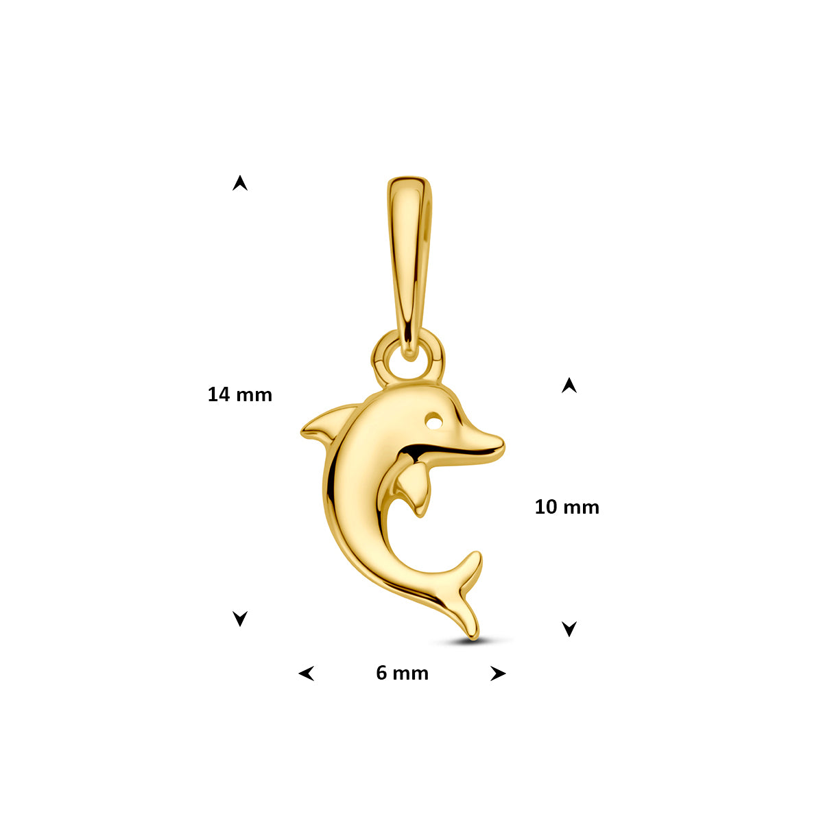 Dolfijn hanger: afmetingen van de geelkleurige dolfijn hanger van 9 karaat, 14 mm hoog inclusief oog en 6 mm breed.