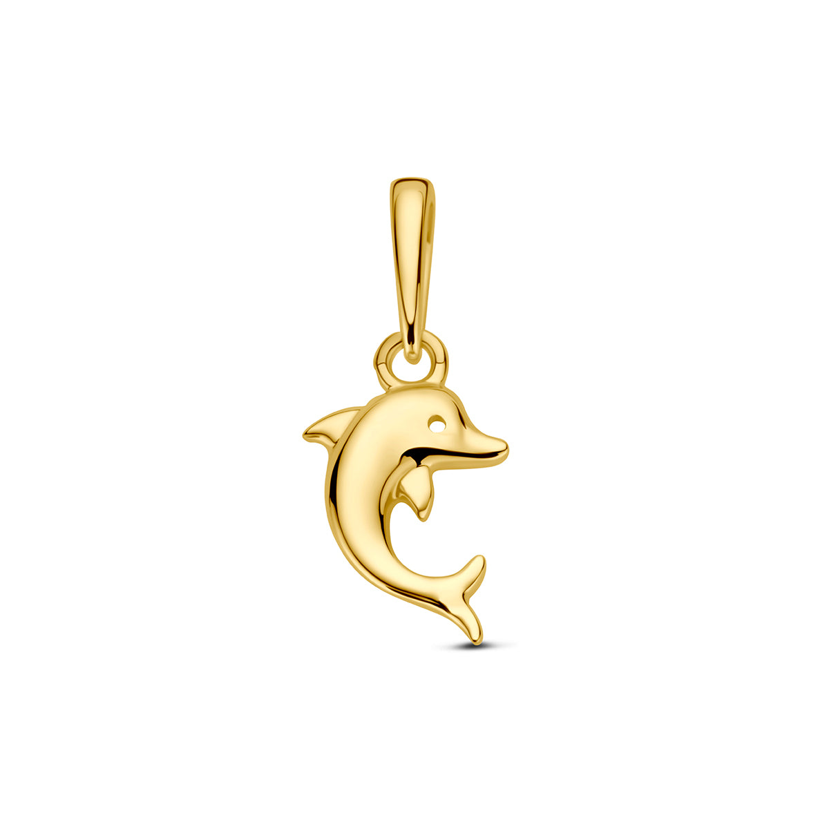 Dolfijn hanger: vooraanzicht van de geelkleurige dolfijn hanger van 9 karaat.