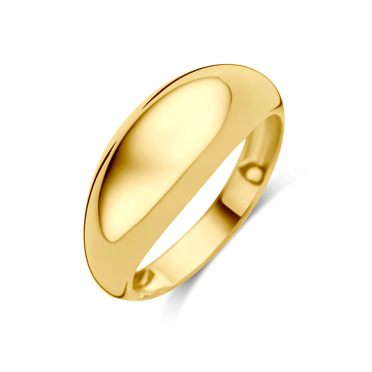 Schuin bovenaanzicht van de geelkleurige 9 karaat dome ring.