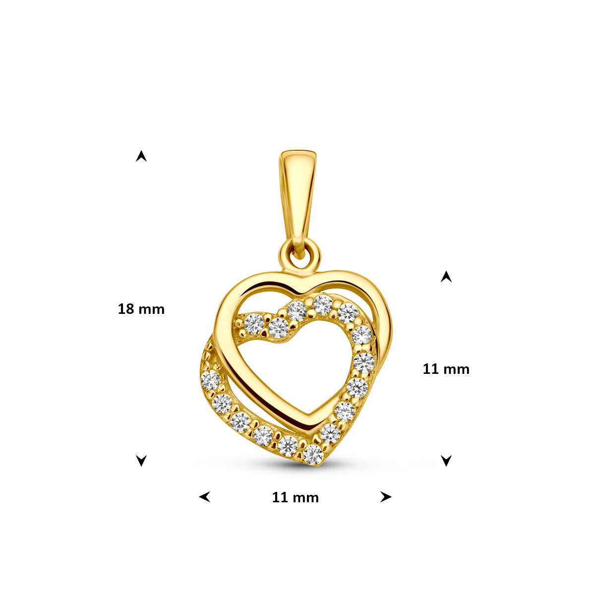 Hartje hanger: afmetingen van de 9 karaat geelkleurige dubbele hartjes hanger met zirkonia, 18,0 mm hoog inclusief oog en 11,0 mm breed.