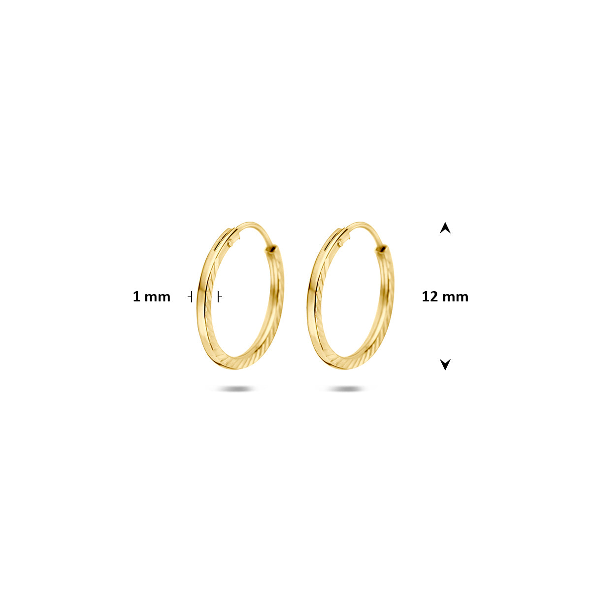 9 karaat oorbellen: afmetingen van de 9 karaat geelkleurige gediamanteerde oorringen, doorsnee 12,0 mm, 12,0 mm doorsnee.