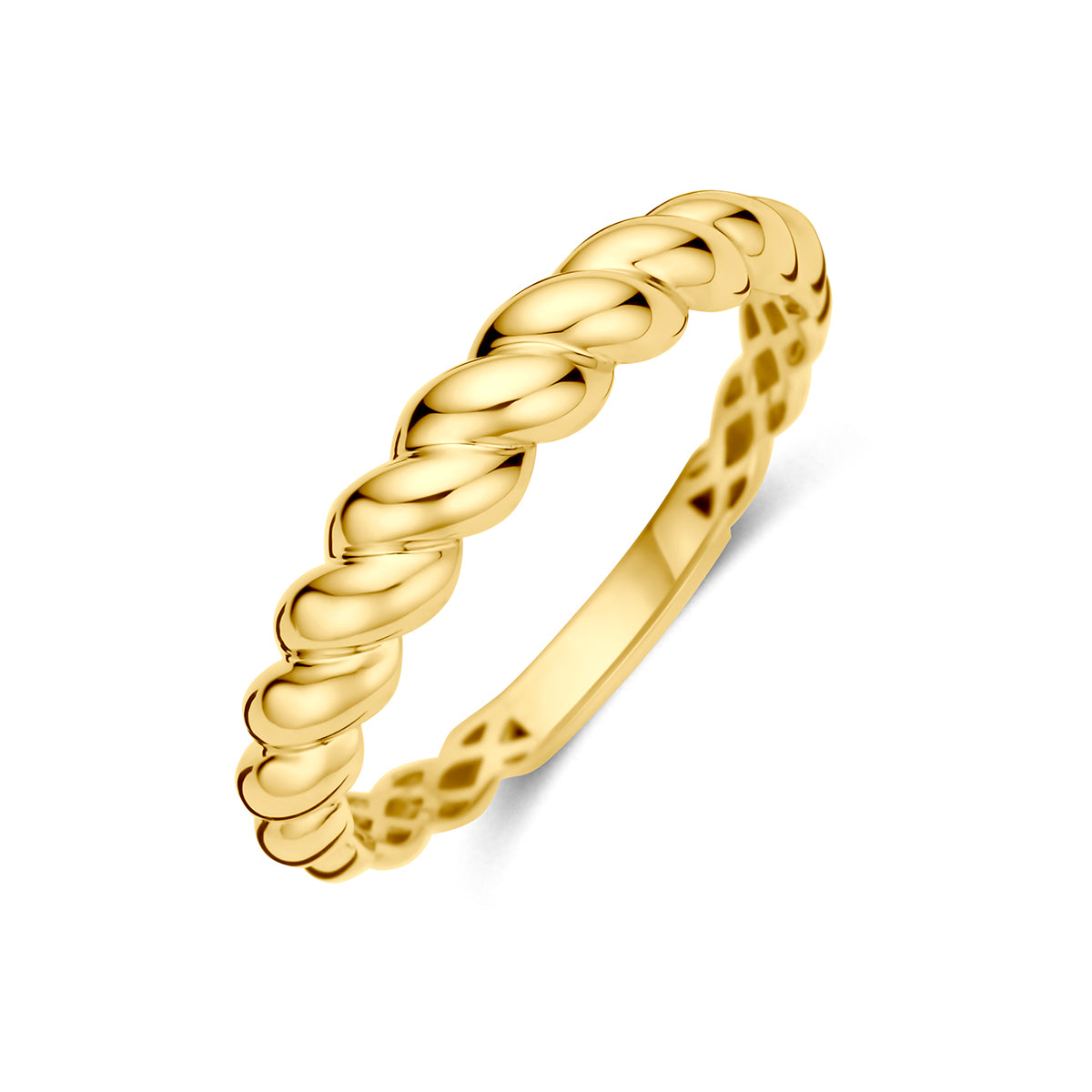 9 karaat ring: schuin bovenaanzicht van de 9 karaat geelkleurige gedraaide ring.