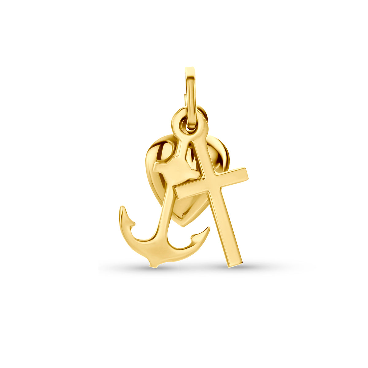 Vooraanzicht van de geelkleurige 9 karaat geloof hoop liefde hanger.