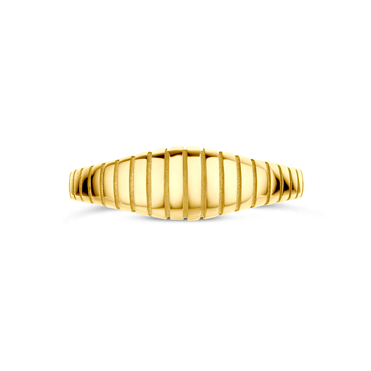 9 karaat ring: bovenaanzicht van de 9 karaat geelkleurige geribbelde ring.