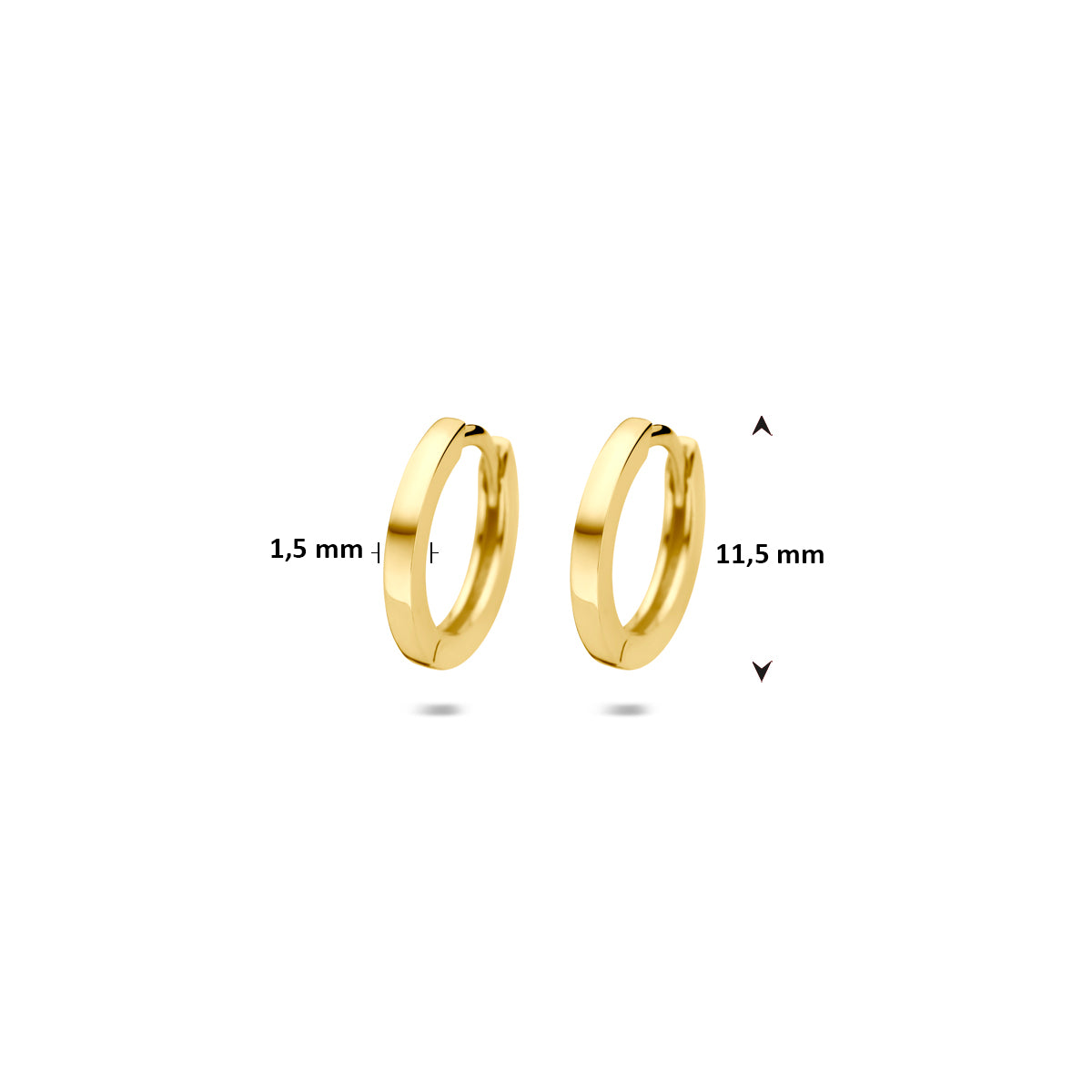 Afmetingen van de geelkleurige klapoorringen van 9 karaat: 11,5 mm doorsnee, buis 1,5 mm.