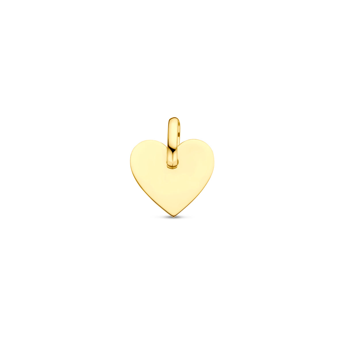 Vooraanzicht van de 9 karaat geelkleurige graveerhanger hartje, 13 mm hoog en 10,5 mm breed.