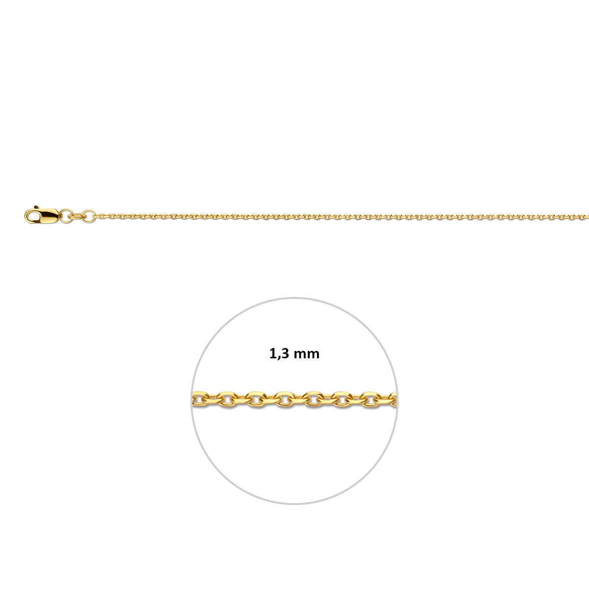 9 karaat ketting: 9 karaat geelkleurige gediamanteerde ankerhalsketting, met de schakelbreedte van 1,3 mm aangegeven