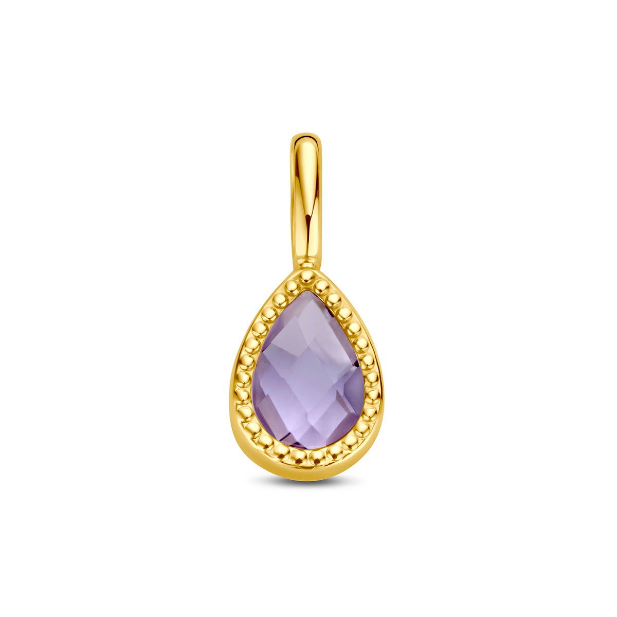 Amethist sieraden: vooraanzicht van de 9 karaat geelkleurige hanger met amethist.