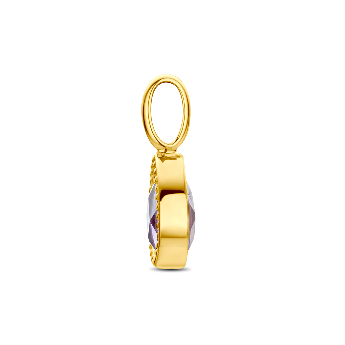 Amethist sieraden: zijaanzicht van de 9 karaat geelkleurige hanger met amethist.